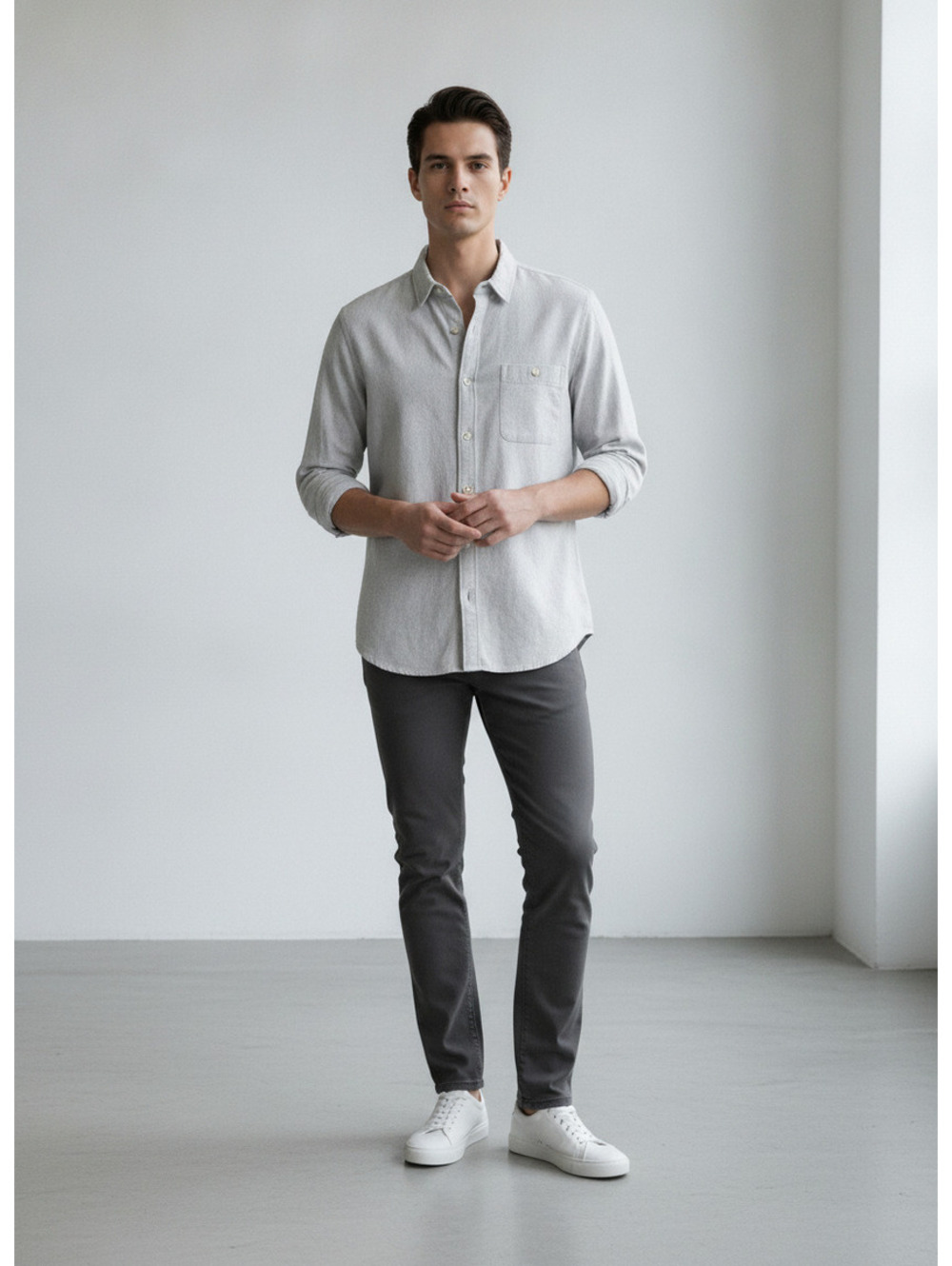 Ben Sherman Men's Long Sleeve Button-Up Shirt Light Gray 100